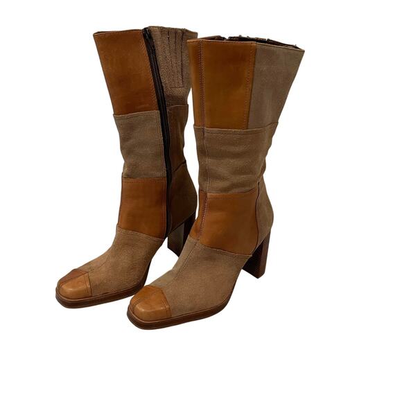 Candie's Shoes - Vintage 90s Y2K Candies Boots Leather Patchwork Size 7 Tan Wood Heel Mid Calf